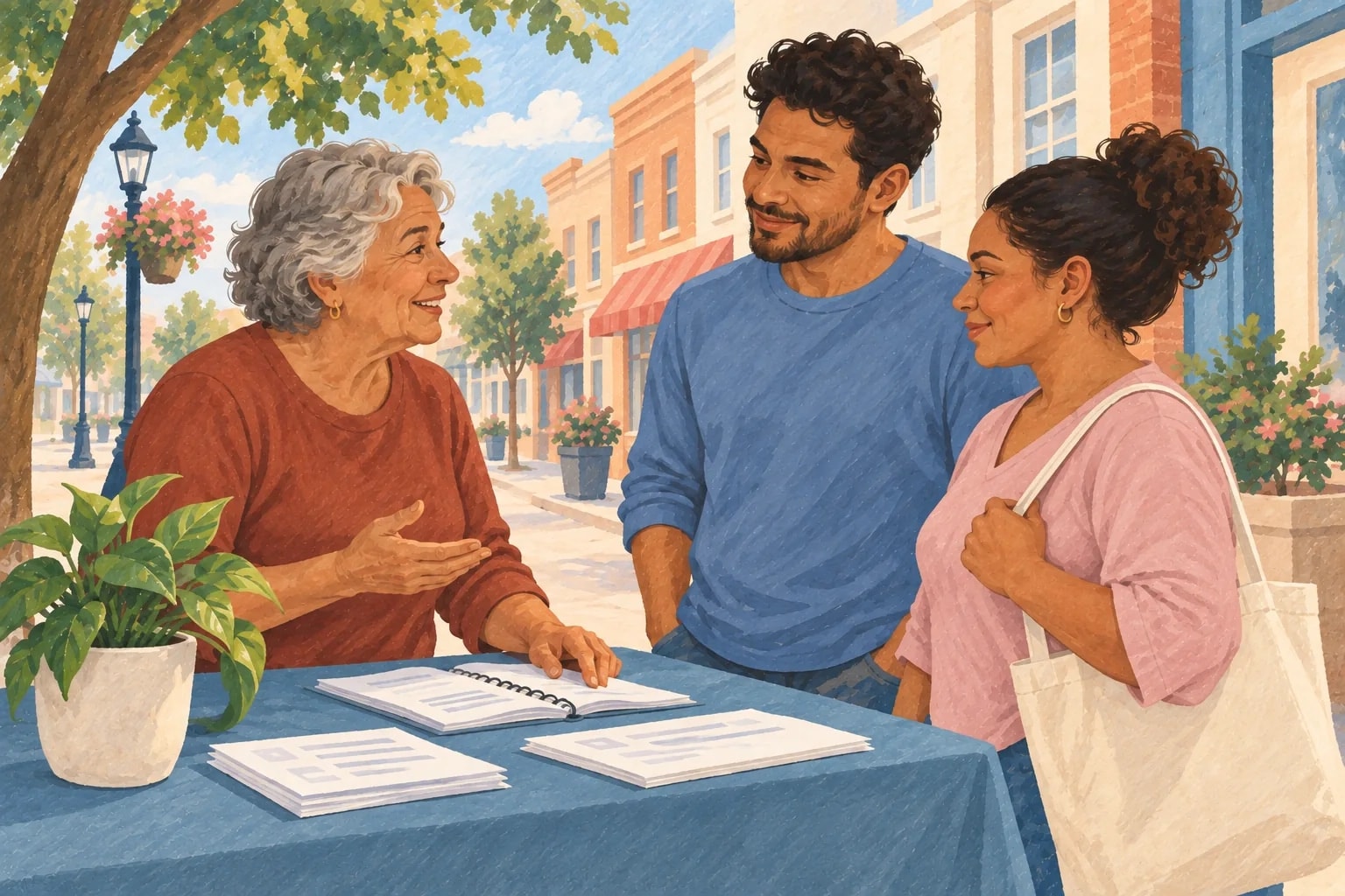 Painted illustration of neighbors connecting with volunteers on a Texas main street.