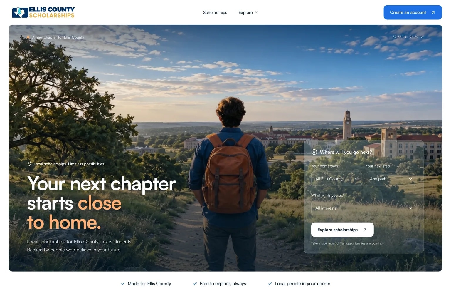 The Ellis County Scholarships home page: a student with a backpack looks toward a college campus under the headline Your next chapter starts close to home.
